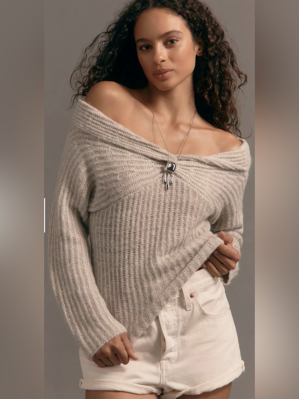 Anthropologie Astr Off-the-Shoulder Ribbed Sweater in Light Taupe
